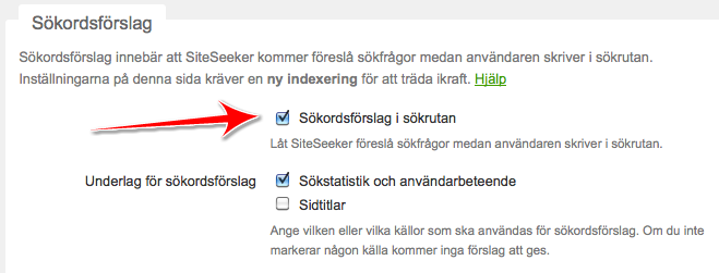 Aktivera sökordsförslag i SiteSeeker Admin Sökordsförslag