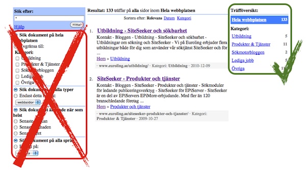 Avancerad sökning och träfföversikt